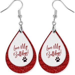 Love My Bulldogs Red and White Teardrop Earrings